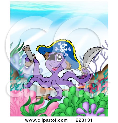 Royalty-Free (RF) Clipart Illustration of a Pirate Octopus With A Pistol And Sword On A Reef by visekart