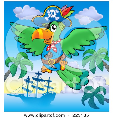 Royalty-Free (RF) Clipart Illustration of a Pirate Parrot Flying Over A Ship And Palm Trees by visekart