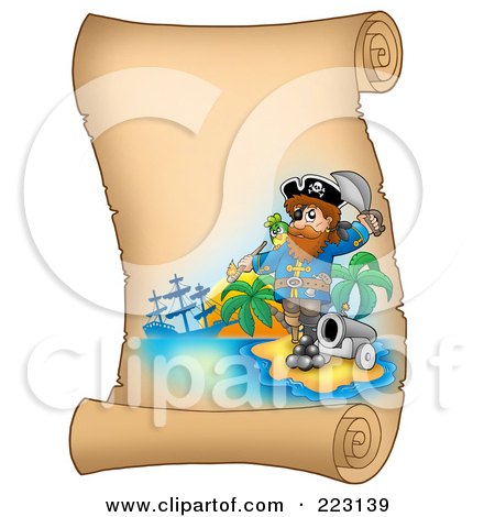 Royalty-Free (RF) Clipart Illustration of a Male Pirate And Cannon On A Blank Vertical Parchment Page by visekart
