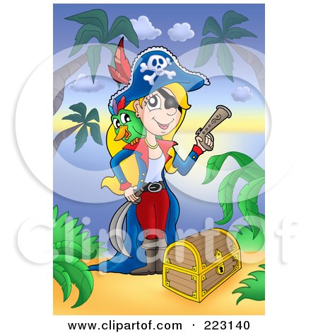 Royalty-Free (RF) Clipart Illustration of a Blond Female Pirate With A Treasure Chest On A Beach by visekart