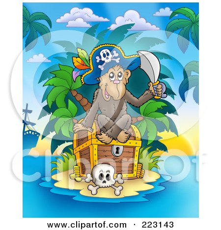 Royalty-Free (RF) Clipart Illustration of a Pirate Monkey Sitting On A Treasure Chest by visekart