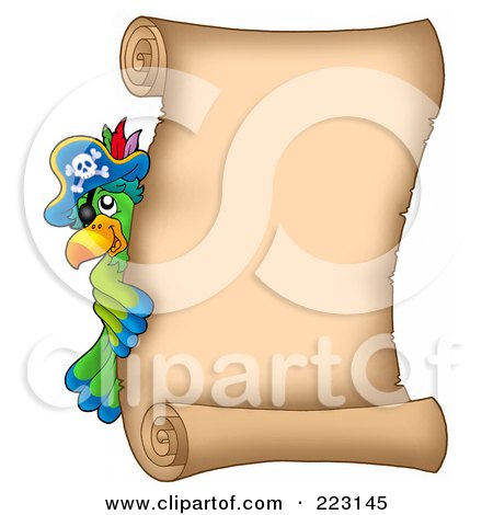 Royalty-Free (RF) Clipart Illustration of a Pirate Parrot Looking Around A Blank Vertical Parchment Page by visekart