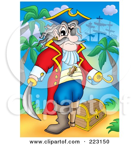 Royalty-Free (RF) Clipart Illustration of a Pirate Man With A Treasure Chest - 2 by visekart