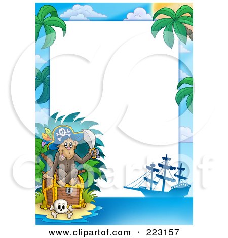Royalty-Free (RF) Clipart Illustration of a Pirate Monkey, Treasure Chest And Ship Border Around White Space by visekart