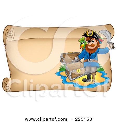 Royalty-Free (RF) Clipart Illustration of a Pirate And Empty Treasure Chest On A Horizontal Parchment Page by visekart
