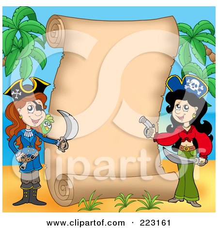 Royalty-Free (RF) Clipart Illustration of Female Pirates And Palm Trees Framing A Vertical Parchment Page by visekart