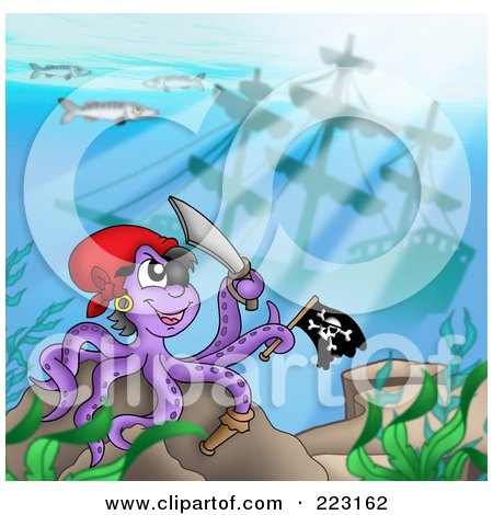 Royalty-Free (RF) Clipart Illustration of a Pirate Octopus At The Bottom Of The Sea, With A Sword And Flag by visekart