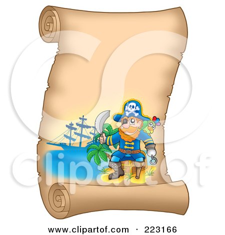 Royalty-Free (RF) Clipart Illustration of a Male Pirate And Sword On A Blank Vertical Parchment Page by visekart
