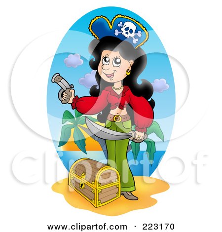Royalty-Free (RF) Clipart Illustration of a Female Pirate With A Treasure Chest On A Beach by visekart