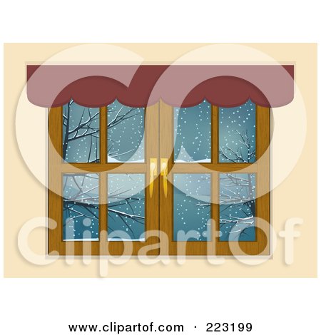Royalty-Free (RF) Clipart Illustration of Wooden Window Panes With A Scalloped Valance Looking Out Onto A Winter Scene by elaineitalia