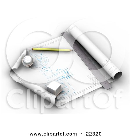 Clipart Illustration of a Pencil, Ruler And Weights Resting On Top Of An Architect's Blueprints by KJ Pargeter