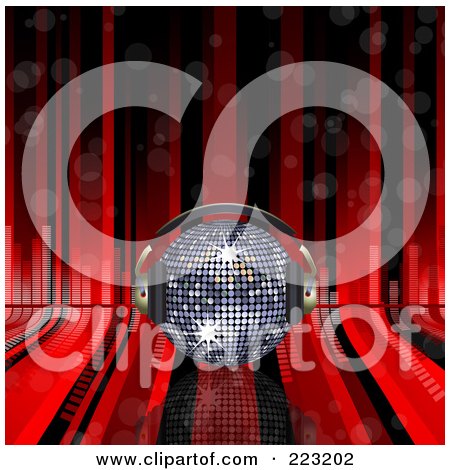 Royalty-Free (RF) Clipart Illustration of a Silver 3d Disco Ball With Headphones Over Red Lines And Equalizer Bars by elaineitalia