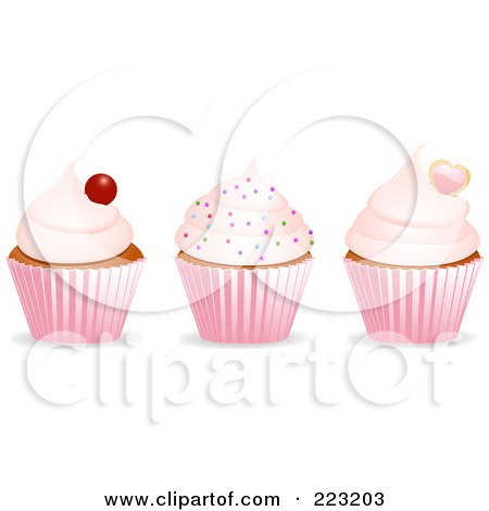 Royalty-Free (RF) Clipart Illustration of a Digital Collage Of Three Cherry, Sprinkle And Heart Topped Cupcakes In Pink Wrappers by elaineitalia