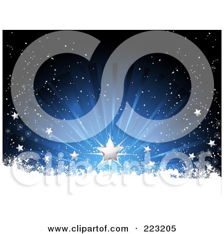Royalty-Free (RF) Clipart Illustration of Silver Stars On A Green And Black Burst Above Grungy Snow by elaineitalia