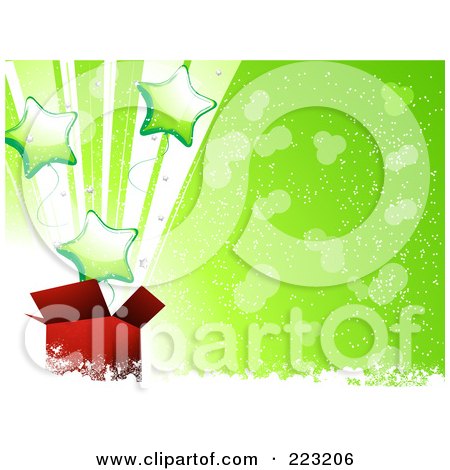 Royalty-Free (RF) Clipart Illustration of Green Star Balloons Bursting Out Of A Red Gift Box On A Green Snowy Background by elaineitalia