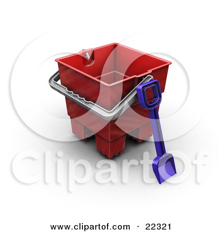 Clipart Illustration of a Red Sand Castle Bucket With A Blue Shovel by KJ Pargeter