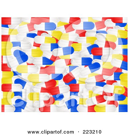 Royalty-Free (RF) Clipart Illustration of a Background Of Red, Blue, Yellow And White Pill Capsules by elaineitalia