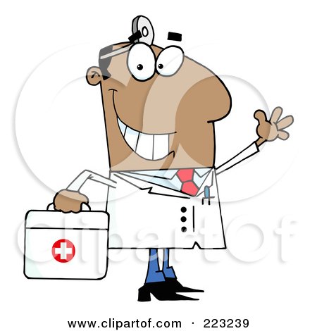 Royalty-Free (RF) Clipart Illustration of a Smiling And Waving Black Male Doctor With A First Aid Kit And Head Lamp by Hit Toon