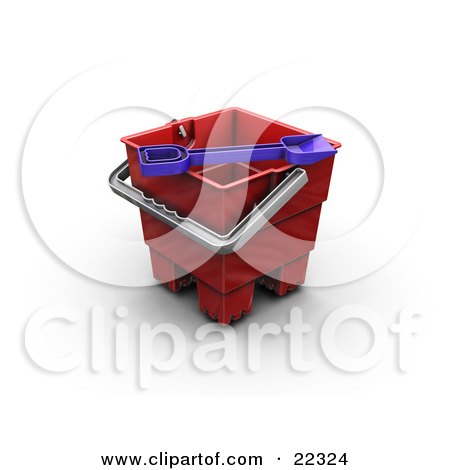 Clipart Illustration of a Blue Shovel On Top Of A Red Sand Castle Making Bucket On A Beach by KJ Pargeter