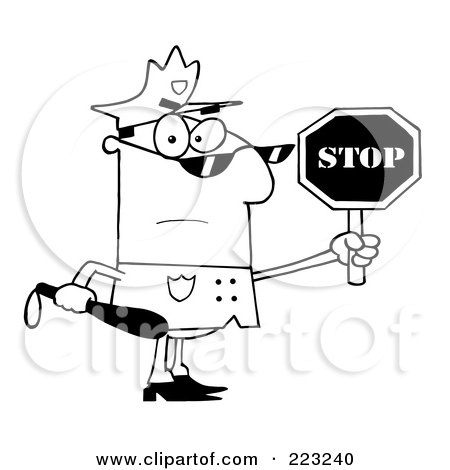 Royalty-Free (RF) Clipart Illustration of a Coloring Page Outline Of A Police Officer Holding A Stop Sign And Club by Hit Toon