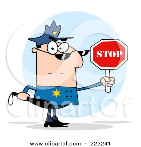 Royalty-Free (RF) Clipart Illustration of a White Police Officer Holding A Stop Sign And Club by Hit Toon