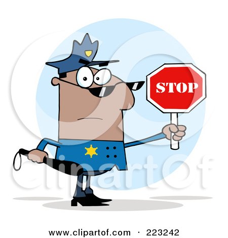 Royalty-Free (RF) Clipart Illustration of a Black Police Officer Holding A Stop Sign And Club by Hit Toon