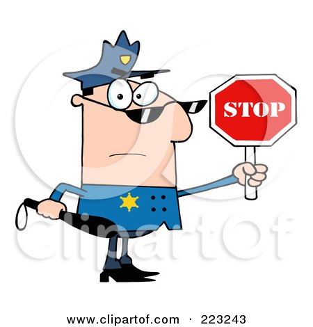 Royalty-Free (RF) Clipart Illustration of a Caucasian Police Officer Holding A Stop Sign And Club by Hit Toon