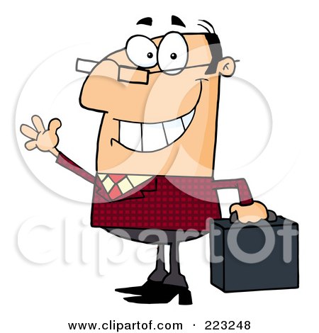 Royalty-Free (RF) Clipart Illustration of a Friendly White Businessman Waving And Carrying A Briefcase by Hit Toon