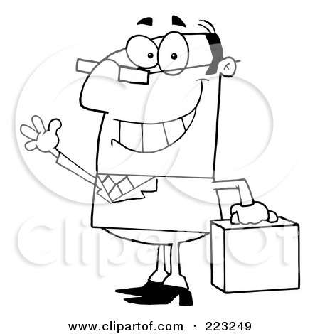 Royalty-Free (RF) Clipart Illustration of a Coloring Page Outline Of A Friendly Waving Businessman With A Briefcase by Hit Toon