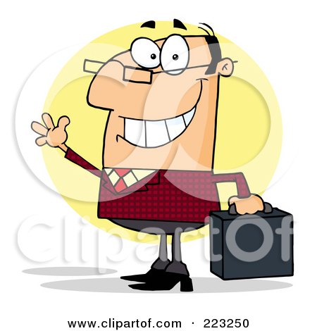 Royalty-Free (RF) Clipart Illustration of a Friendly Caucasian Businessman Waving And Carrying A Briefcase by Hit Toon
