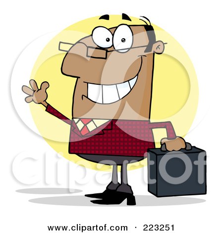 Royalty-Free (RF) Clipart Illustration of a Friendly Black Businessman Waving And Carrying A Briefcase by Hit Toon