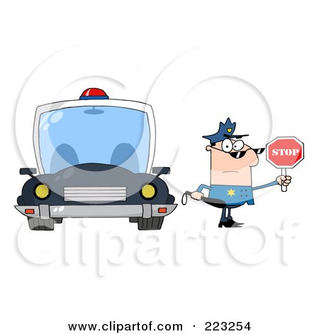 Royalty-Free (RF) Clipart Illustration of a Caucasian Police Officer Holding A Stop Sign And Standing By His Vehicle by Hit Toon