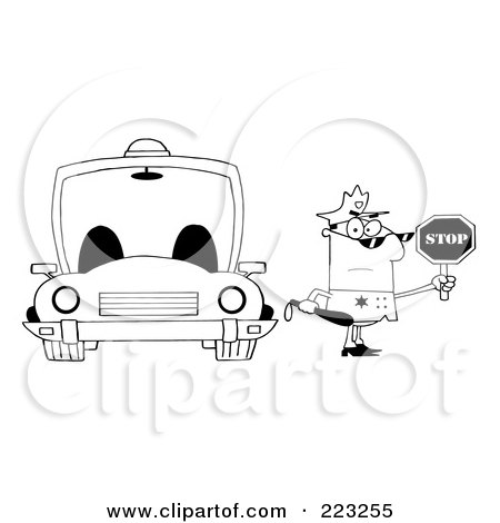 Royalty-Free (RF) Clipart Illustration of a Coloring Page Outline Of A Police Officer Holding A Stop Sign And Standing By His Vehicle by Hit Toon