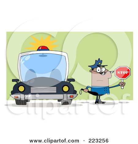 Royalty-Free (RF) Clipart Illustration of a Black Police Man Holding A Stop Sign And Standing By His Vehicle by Hit Toon
