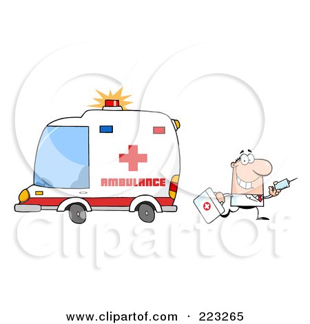 Royalty-Free (RF) Clipart Illustration of a Caucasian Male Doctor Walking Away From An Ambulance Carrying A Syringe by Hit Toon