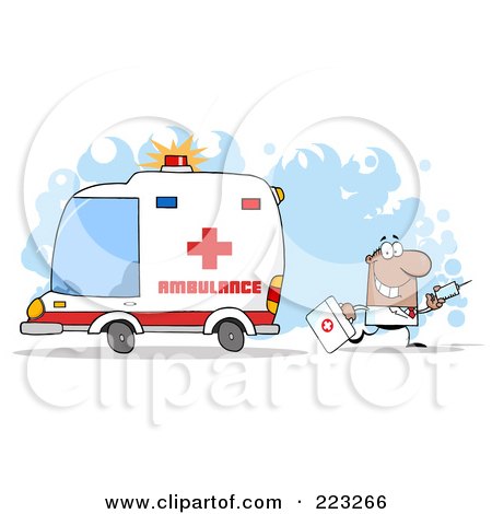 Royalty-Free (RF) Clipart Illustration of a Hispanic Or Black Doctor Walking Away From An Ambulance Carrying A Syringe by Hit Toon