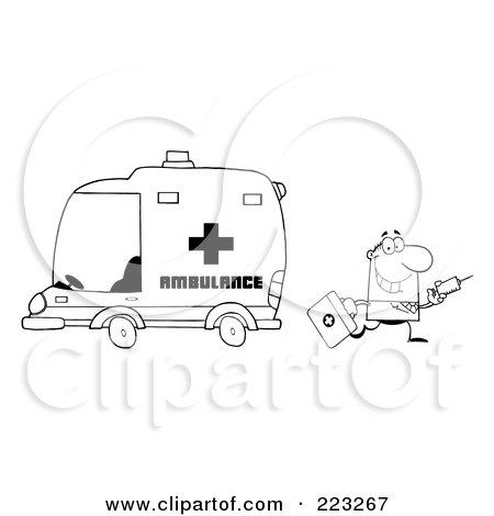 Royalty-Free (RF) Clipart Illustration of a Coloring Page Outline Of A Doctor Walking Away From An Ambulance Carrying A Syringe by Hit Toon