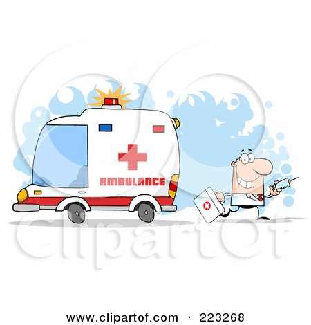 Royalty-Free (RF) Clipart Illustration of a Caucasian Doctor Walking Away From An Ambulance Carrying A Syringe by Hit Toon