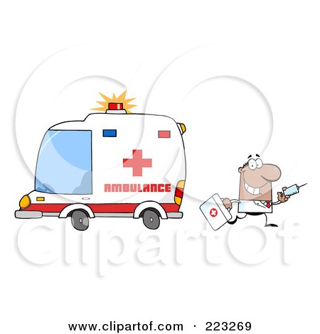 Royalty-Free (RF) Clipart Illustration of a Hispanic Or Black Male Doctor Walking Away From An Ambulance Carrying A Syringe by Hit Toon