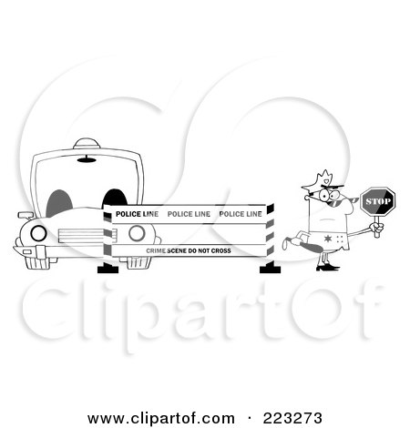 Royalty-Free (RF) Clipart Illustration of a Coloring Page Outline Of A Police Man Holding A Stop Sign By A Barrier And Car by Hit Toon