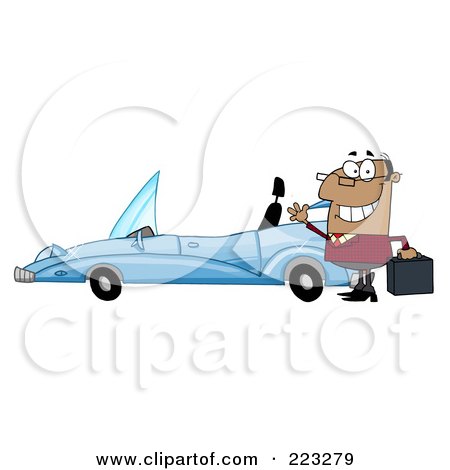 Royalty-Free (RF) Clipart Illustration of a Black Businessman Holding His Briefcase And Waving By His Convertible Car by Hit Toon