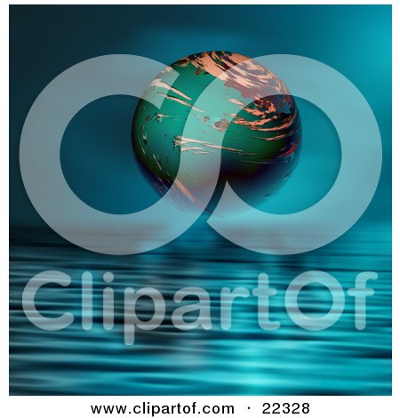Clipart Illustration of a Fictional Green Planet With Swirling Tan And Brown Clouds Above Rippling Blue Waters by KJ Pargeter