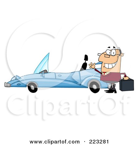 Royalty-Free (RF) Clipart Illustration of a Caucasian Businessman Holding His Briefcase And Waving By His Convertible Car by Hit Toon