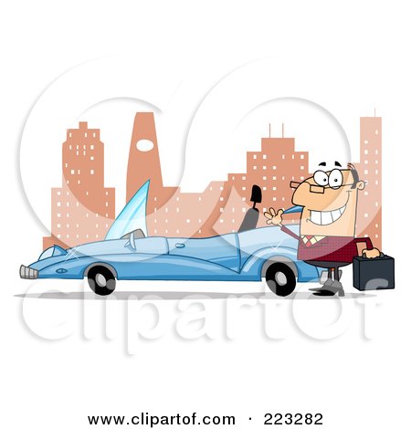 Royalty-Free (RF) Clipart Illustration of a Caucasian Businessman Waving By His Convertible Car In The City by Hit Toon