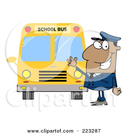 Royalty-Free (RF) Clipart Illustration of a Friendly Black School Bus Driver Waving By A Bus by Hit Toon