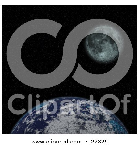 Clipart Illustration of a Fictional Planet Earth With Clouds, Against The Black Starry Night Of Space With The Moon In The Distance by KJ Pargeter