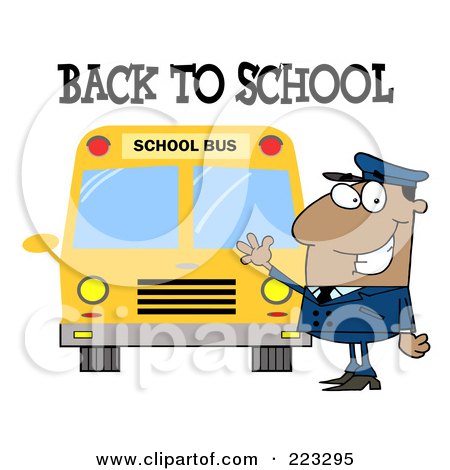 Royalty-Free (RF) Clipart Illustration of a Back To School Greeting Over A Black School Bus Driver Waving By A Bus by Hit Toon