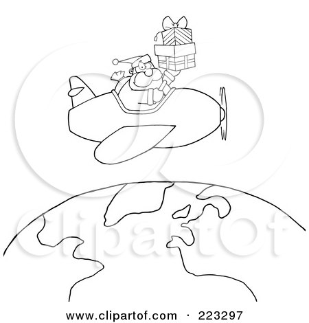 Royalty-Free (RF) Clipart Illustration of a Coloring Page Outline Of Santa Flying A Plane And Holding Gifts Above The Globe by Hit Toon