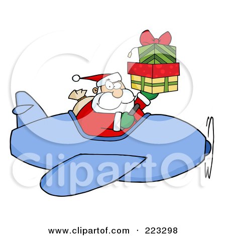 Royalty-Free (RF) Clipart Illustration of a Caucasian Santa Flying A Plane And Holding Up Gift Boxes by Hit Toon