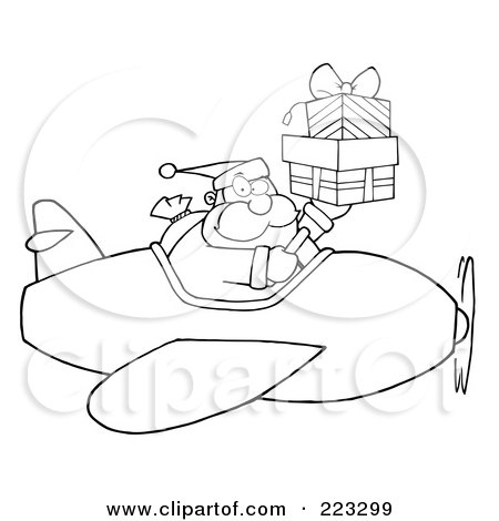 Royalty-Free (RF) Clipart Illustration of A Coloring Page Outline Of Santa Flying A Plane And Holding Up Gift Boxes by Hit Toon